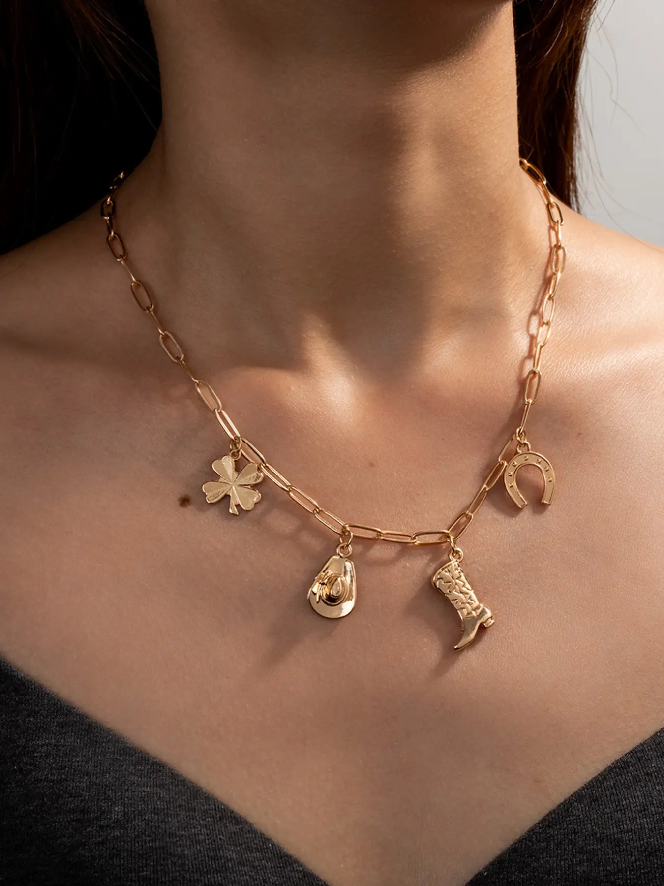 Western Cowboy Style Necklace, Clover Horse Shoe Pendant, Cowboy Hat Boot Charm, Paperclip Chain, Collarbone Chain, Fashion Jewelry