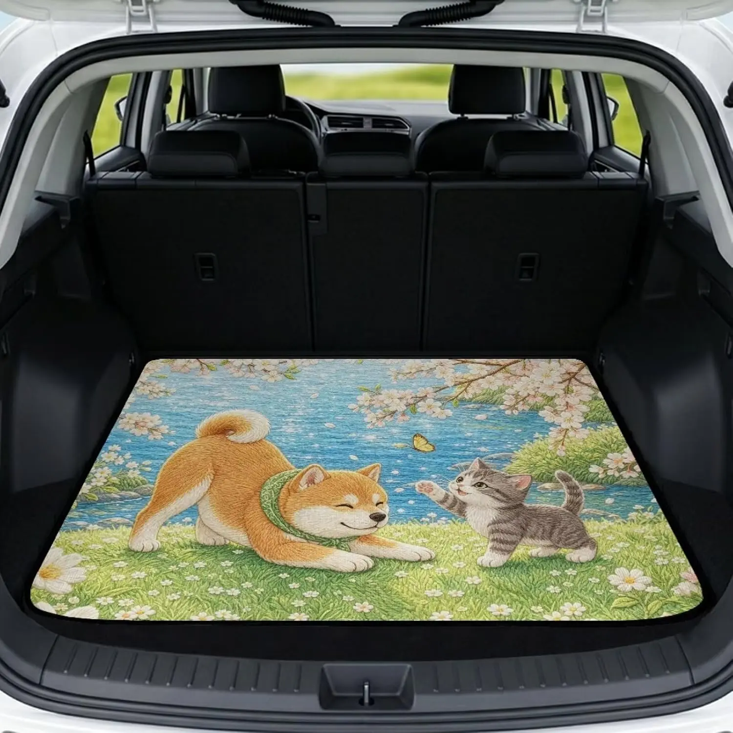Universal Car Trunk Liner 29" x 39" All Weather Trunk Protection Cargo Liner Non-Slip Scratch-Proof Cargo Floor Mat Fits for SUV Truck Sedan, Corgi Cat Butterfly Flower Print