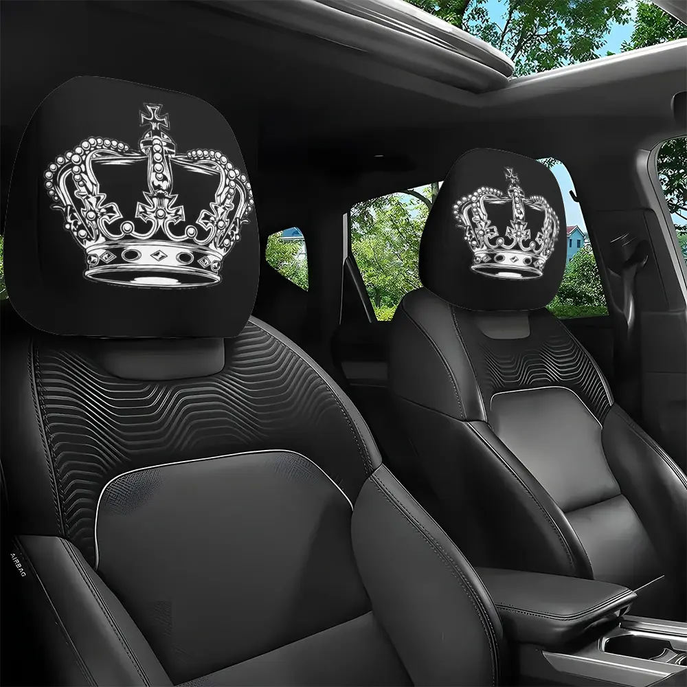 2pcs Crown Black and White Printed  Seat Headrest Covers, Unfilled,  Interior Accessories,  Fit Headrest Covers, All-Weather Use, Unfilled