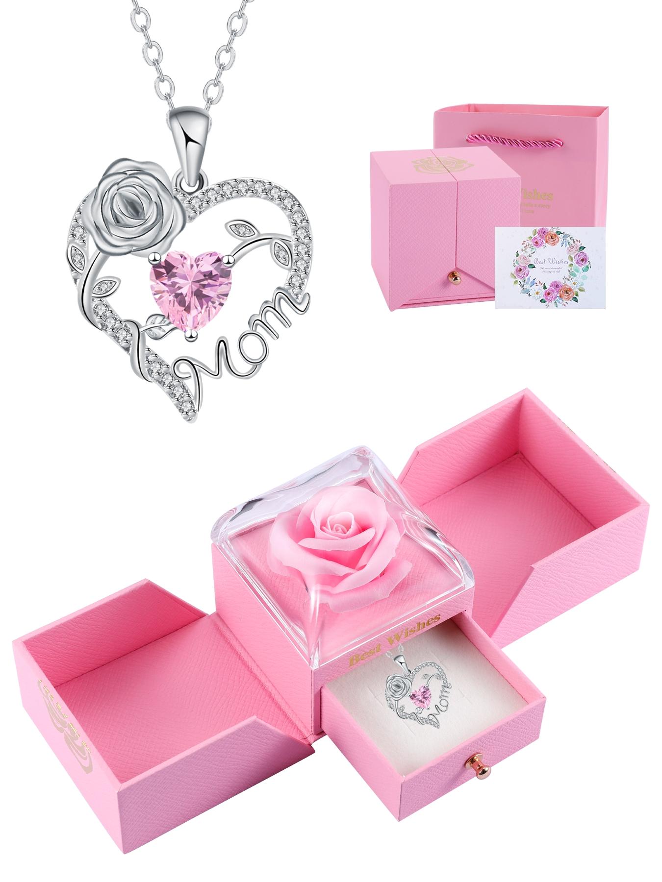Rose Jewelry Gift Box With Heart Rose Mom Pendant Necklace, High End Necklace for Mama Grandma, Perfect for Mother's Day Gift Christmas Gift