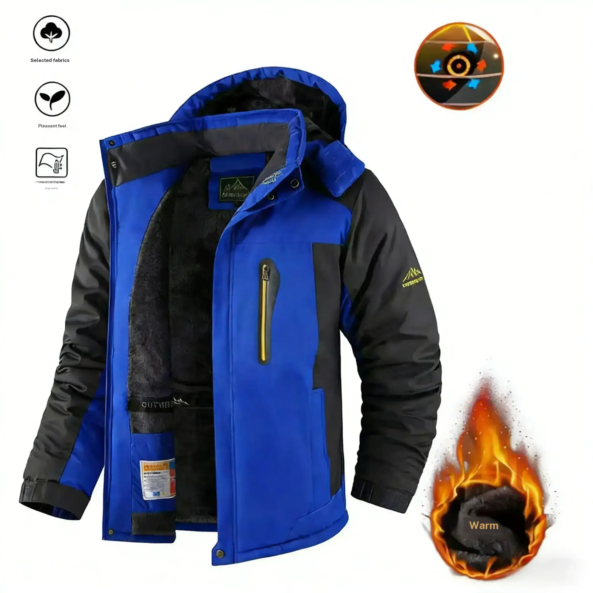 Men's Casual Polyester Fleece Pullover Coat - Color-Block Hooded Long-Sleeve Jacket with Zippered Pockets, Soft Loose Fit Outdoor Menswear, Coats, Stretched