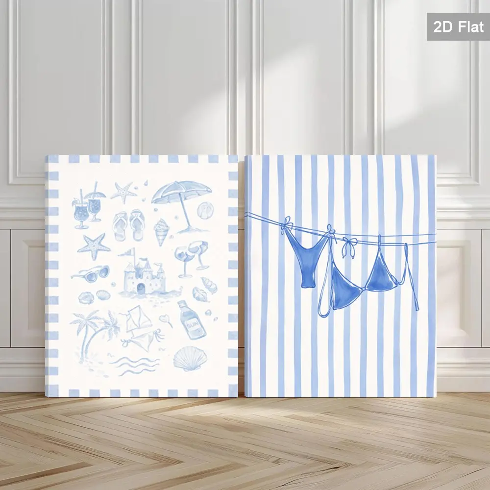 2 Piece Framed Beach Theme Wall Art, Summer Vacation Canvas Poster, Coastal Decor Print, Ocean Style Poster, Home Office Bathroom Decoration