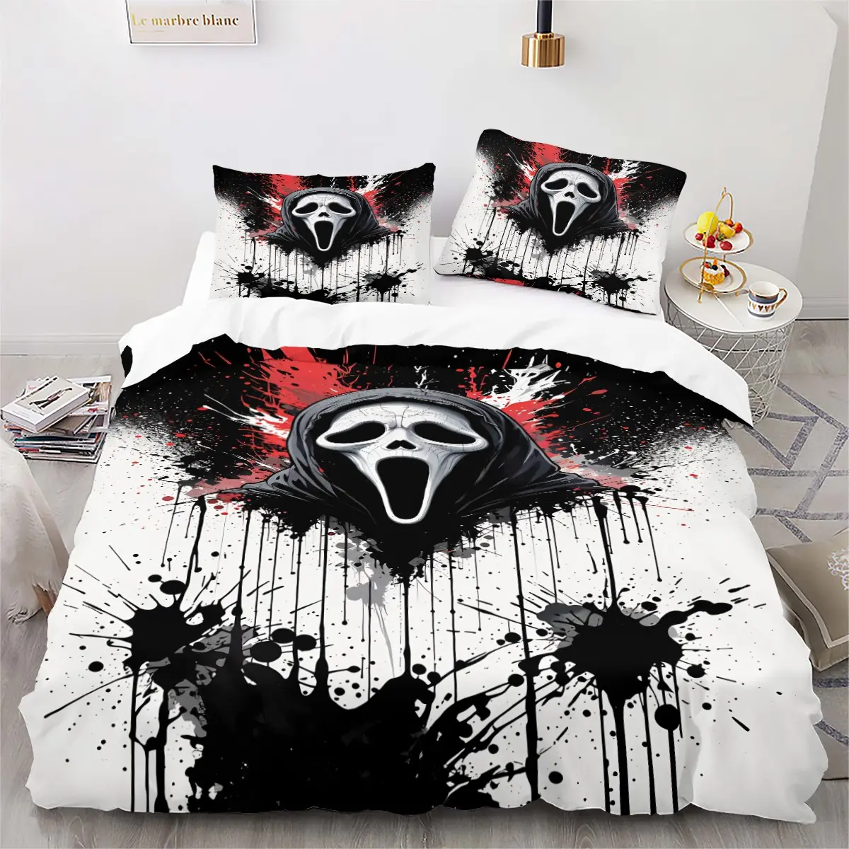 3-piece startled scream ghost face death god printed quilt cover set (1 quilt cover + 2 pillowcases, without core) Theme Bedding Set, soft and comfortable bedding, suitable for bedrooms, dormitories, guest rooms for home decoration