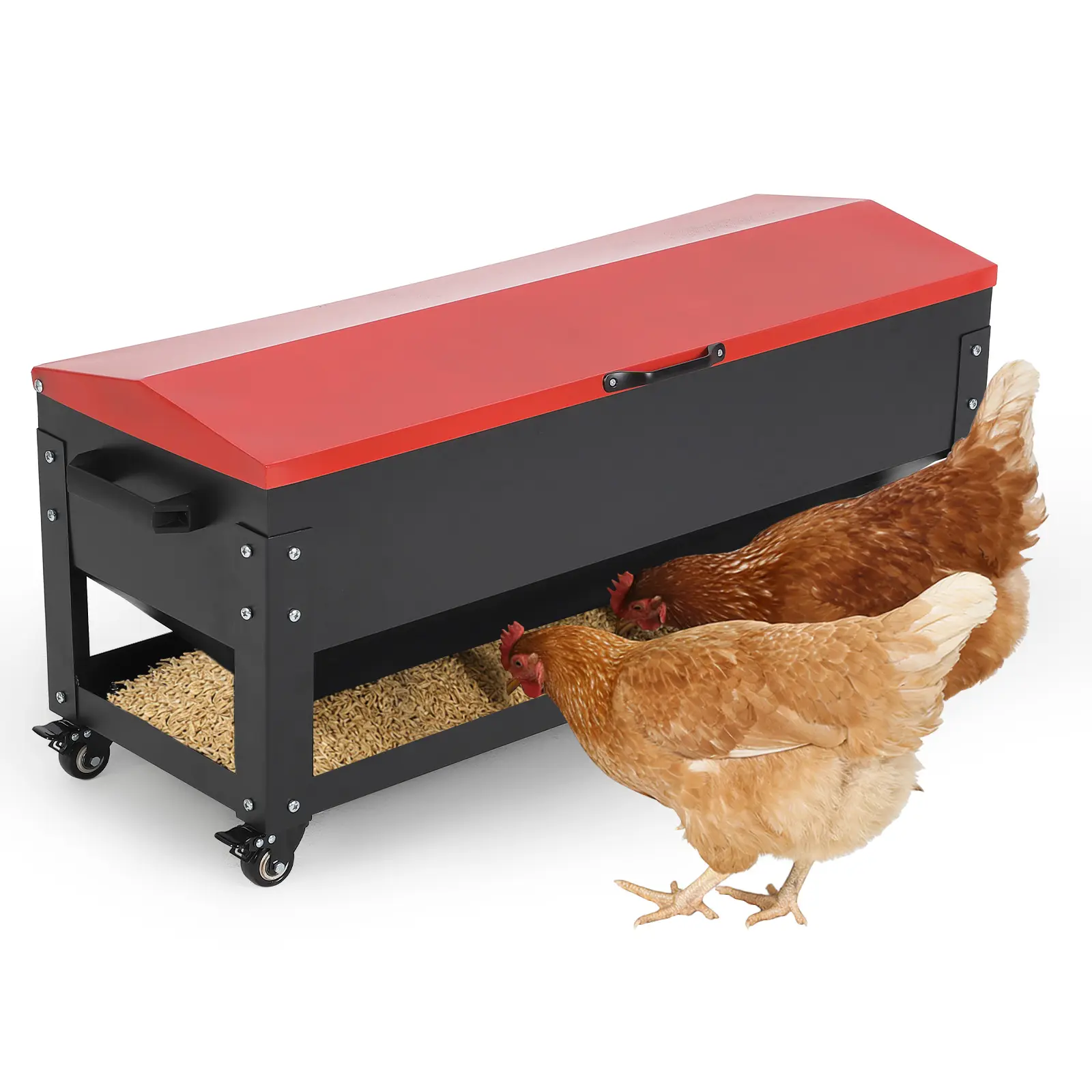 120LB Large Metal Chicken Feeder - Galvanized Steel Automatic Poultry Station, Waterproof Red Lid, Brake Casters & Handles for Chickens