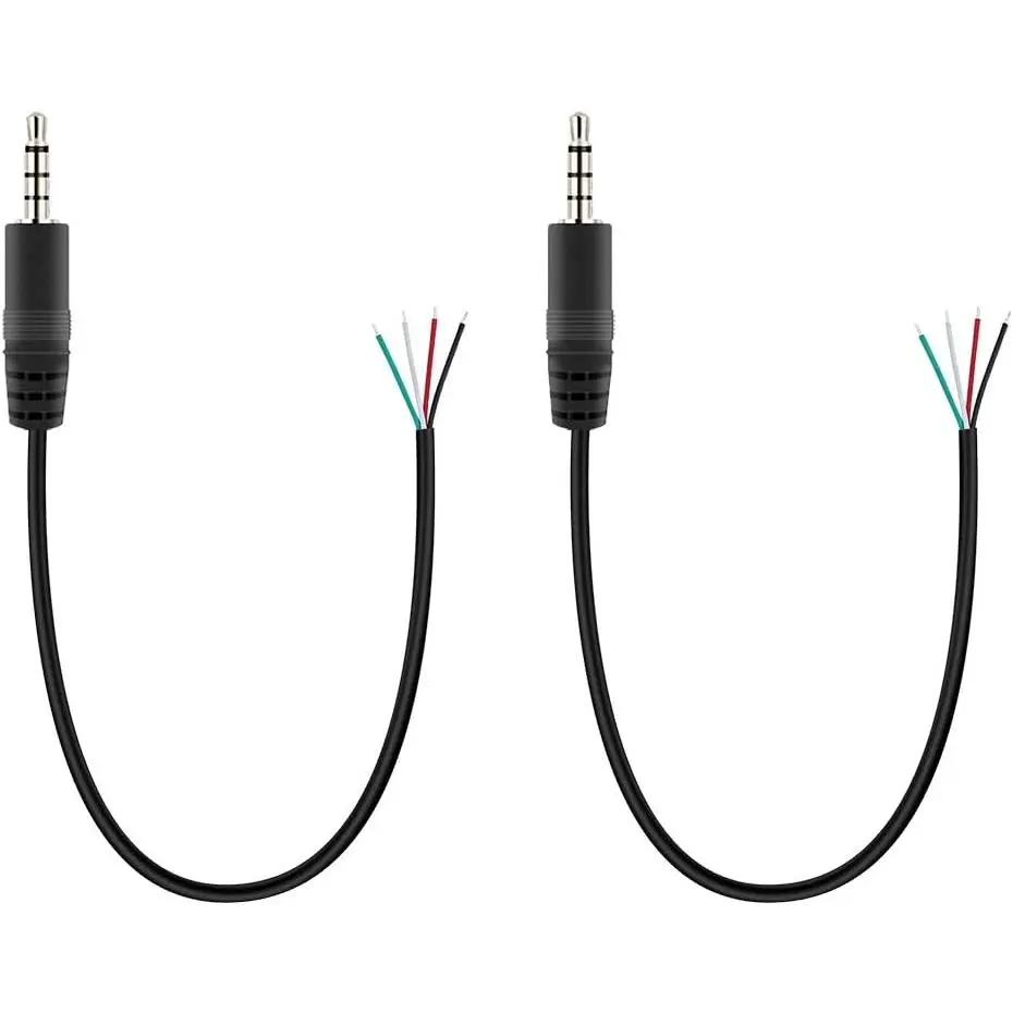 2-Pack 3.5mm (1/8") TRRS Stereo Male Plug to Bare Wire Pigtail Cord, Audio Repair Accessories for Headphones, Speakers, Microphones