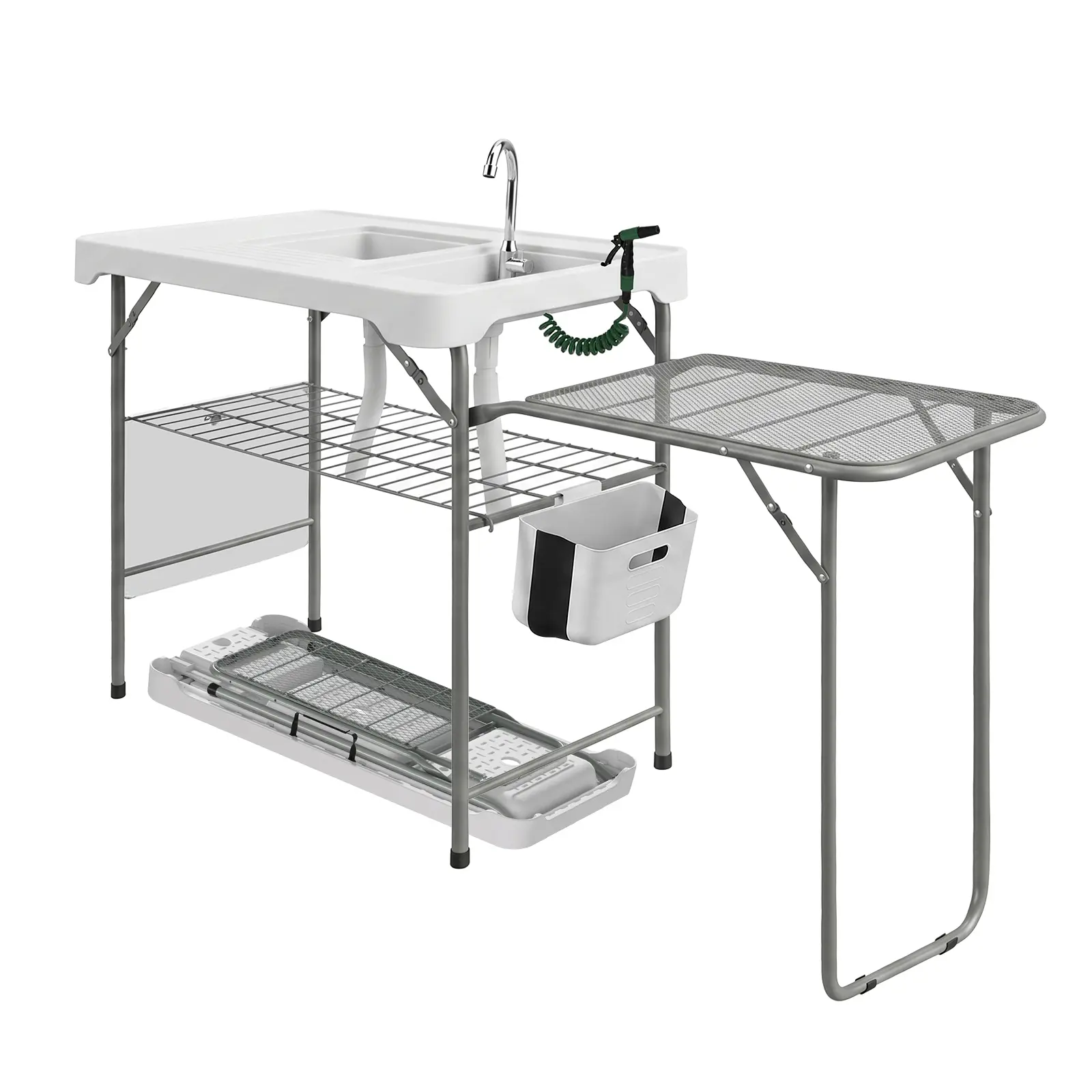 Portable Fish Cleaning Table with Dual Sink, Foldable Outdoor Camping Sink Table with Faucet & Foldable Extension Stand for Camping, Fishing, BBQ