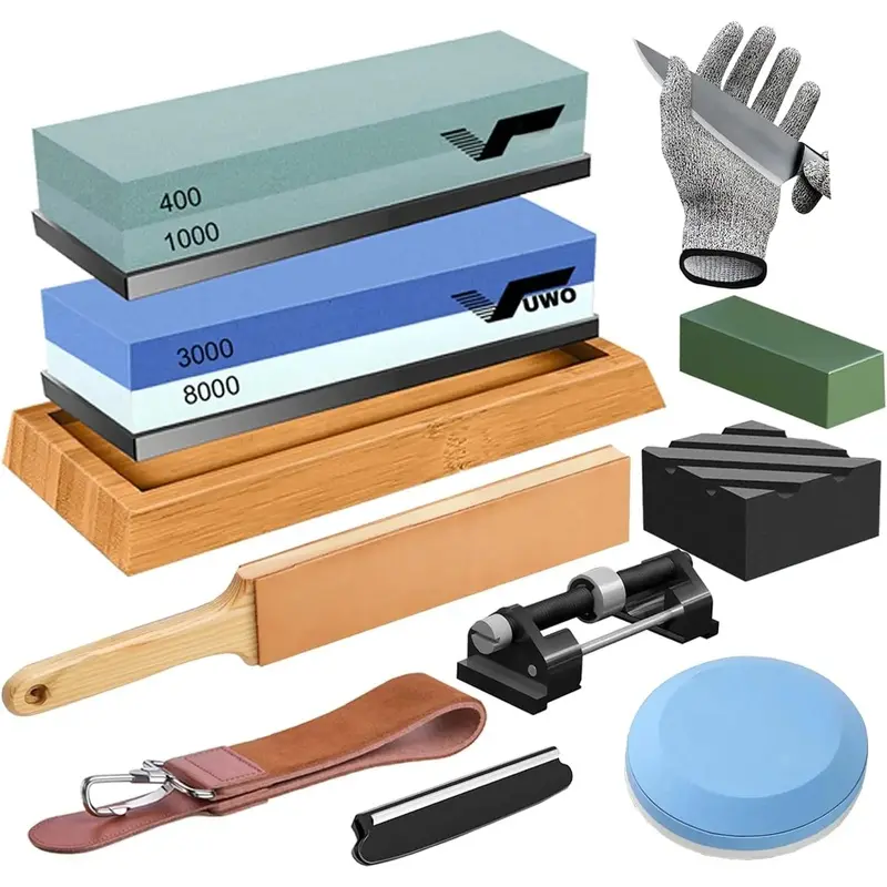 12 In 1 Home Kitchen Knife Sharpening Kit - Dual Grit Synthetic Stone Set (400/1000 & 3000/8000), Leather Strop, Flattening Tool, Honing Guide, Base, Angle Guide, Cut Resistant Gloves