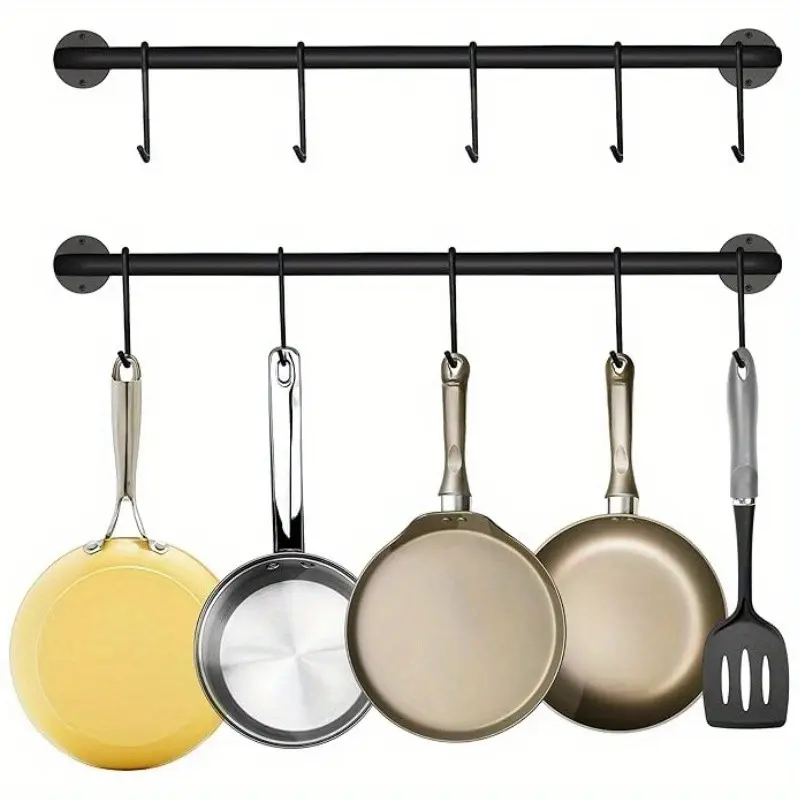 Wall-Mounted Kitchen Utensil Organizer, 1 Rod + 5 S Hooks, Metal Storage Solution, Powder Coated Steel, Hang Pots and Pans