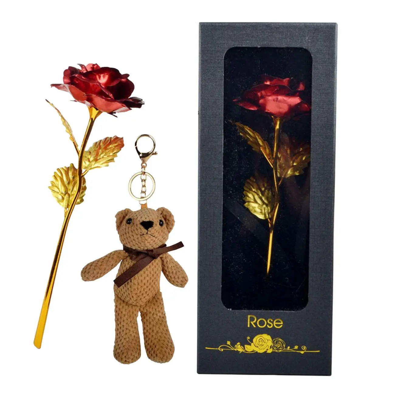 Unique Gift Box Set with Rose Flower, Single Stem Box with Card, Rose + Teddy Bear, Romantic Handmade Gift for Valentine's Day