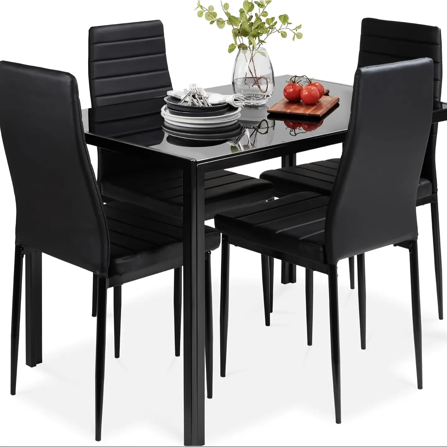 5pcs/set Dining Table Set, Modern Rectangular Glass Dining Room Table Set, Luxury And Classic Table with 4pcs Artificial PU Chairs, for Small Spaces Kitchen Table And Chairs for 4 Table with Chairs Home Furniture, Home Decor, New Year, Housewarming