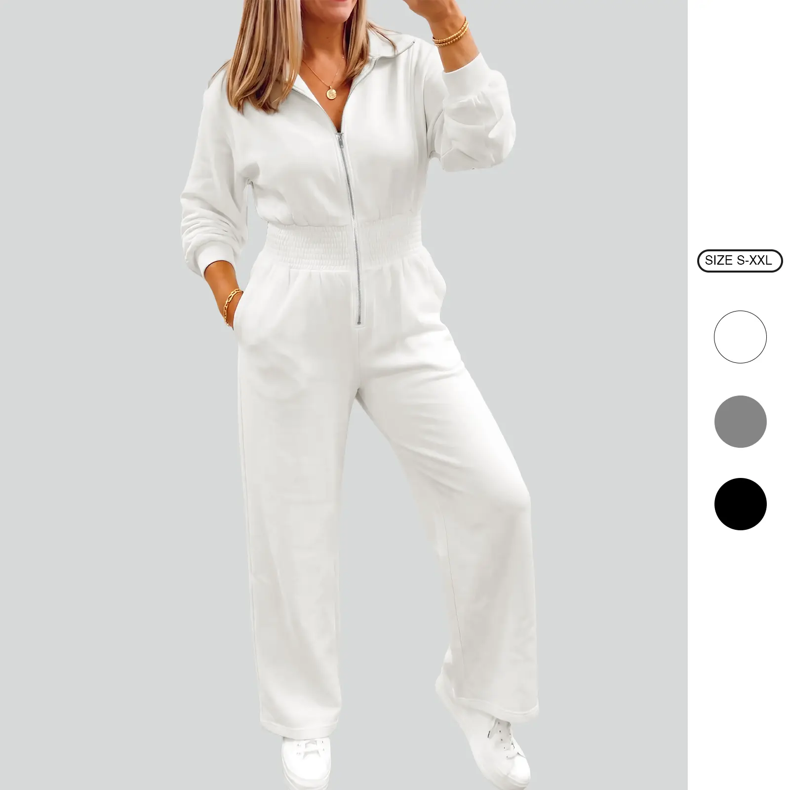 Imily Bela Women's Zip Front Jumpsuit Long Sleeve Collared One Piece Outfit Smocked Waist Wide Leg Casual Lounge Jumpsuit with Pockets
