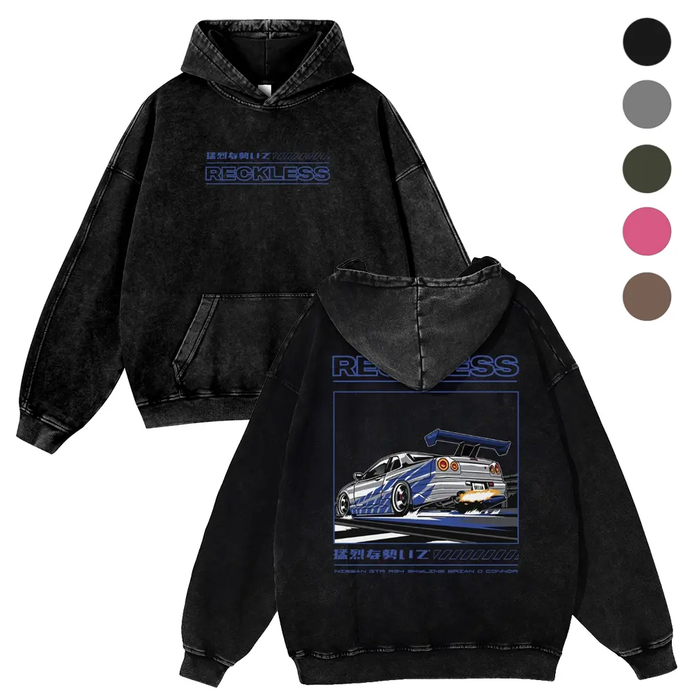 Men's Retro JDM Racing Streetwear Aesthetic Cotton Hoodie - 380g Vintage Washed, Reckless Spitting Exhaust R34 Full Back Print, Long Sleeve Casual Fit Tops, Spring,clothes for back to school,first day of school outfits
