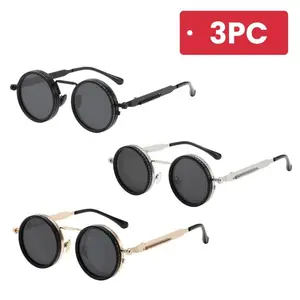 Men's Retro Round ND Sunglasses (3pcs) - UV400 Polarized Protection, Lightweight Metal Frame, 9-Level Manual Adjustable Dimming for Outdoor Use, Cosplay Large