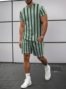 Mint Border Rhombus Vertical Pattern Men's Short Sleeve Shorts Set, Luxury Casual Commuter, Urban Street Home Jogging