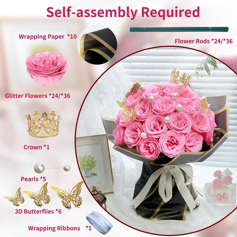 Pink Glitter Roses Bouquet, DIY  Glitter  Bouquet for Valentine, Mother's Day, 24 Roses