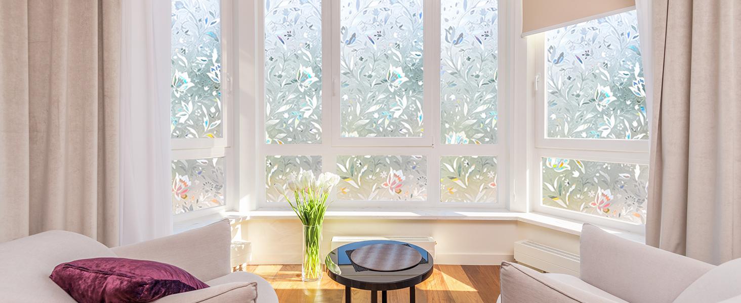 Window Film Floral Stained Glass Window Privacy Film 17.7 x 78.7 inches Front Door Decorative Glass Privacy Film Removable Static Cling Anti-UV Window Cling