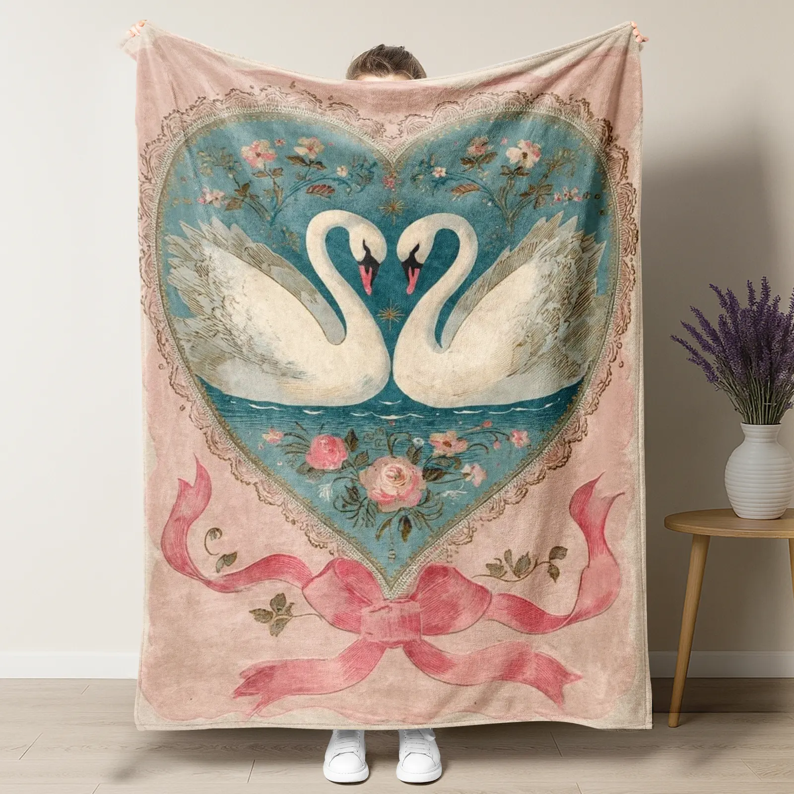 Vintage Pink Heart Two White Swans Floral Throw Blanket, Coquette Aesthetic Rose Ribbon Lace Romantic Soft Fleece Plush Blanket, Shabby Chic Valentines Wedding Bedroom Decor Blanket Gift for Her