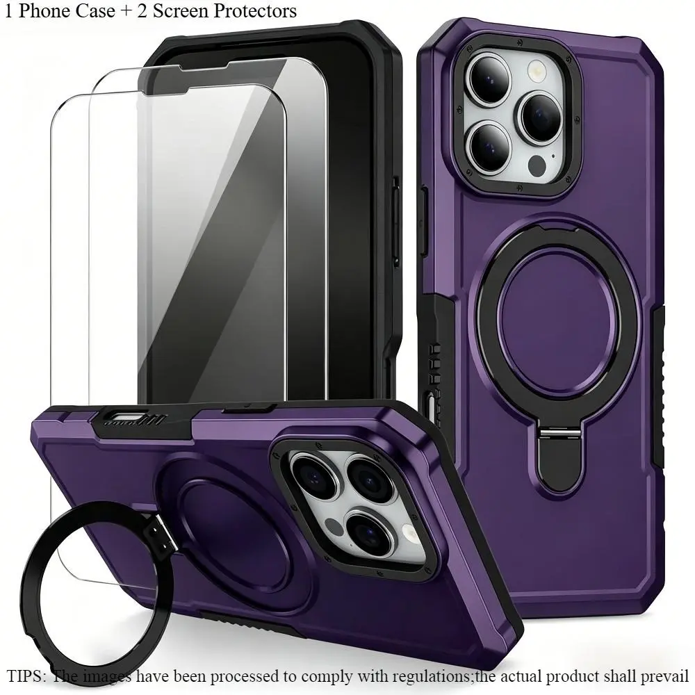 3PCS (1 Phone Case + 2 Tempered Glass Screen Protectors) Armor Case for IPhone 17 16 15 14 13 12 11 X XR 8 7 SE Ring Holder Slide Lens Stand Phone Cover Shockproof Protection, Casing, Protective Cellphone Cover, Protective Smartphone Cover