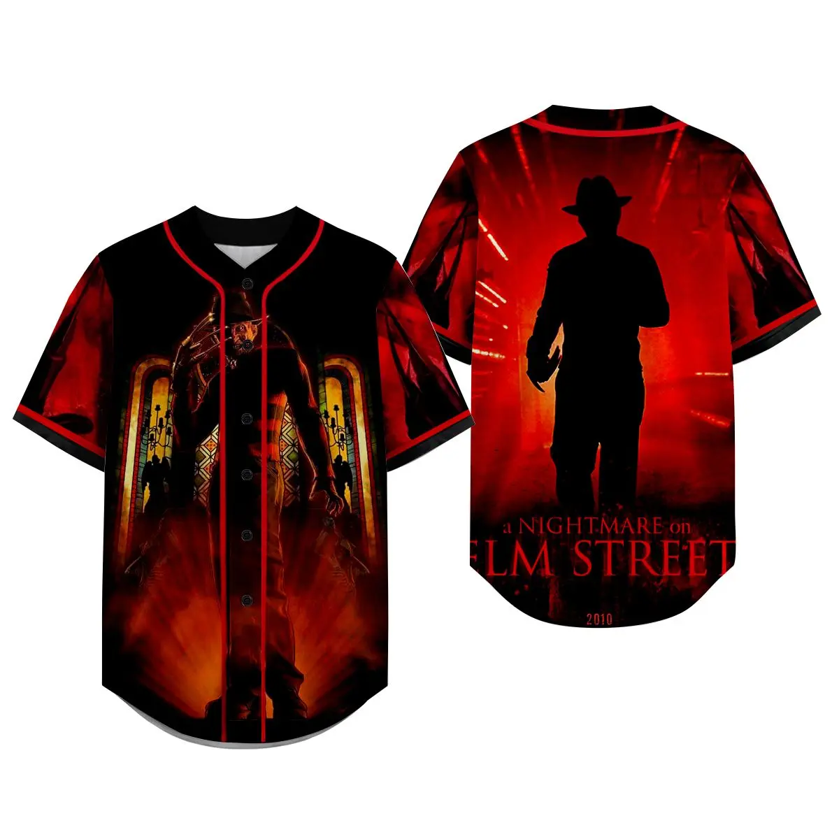 Men's Horror Graphic Baseball Jersey, Red Black Short Sleeve Button Front Shirt, Unisex Streetwear Top with Contrast Piping, Slasher-Inspired Print for Halloween, Cosplay, Concerts and Casual Outfits