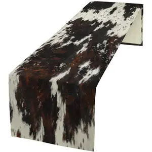 Cow Skin Print Table Runner, Cotton Linen Rustic Cottage Country Farm Animal Fur Skin Pattern Western Style Black Brown Cowhide Print Dinner Runner for Home Kitchen Dining Table Decoration 13"x36"