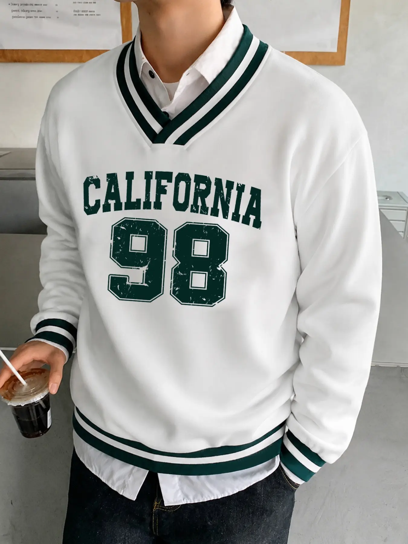 Y2K Vintage California 98 Graphic Long Sleeve Sweatshirt | Oversized V-Neck Varsity Pullover Sweater with Striped Trim for Aesthetic Casual Streetwear