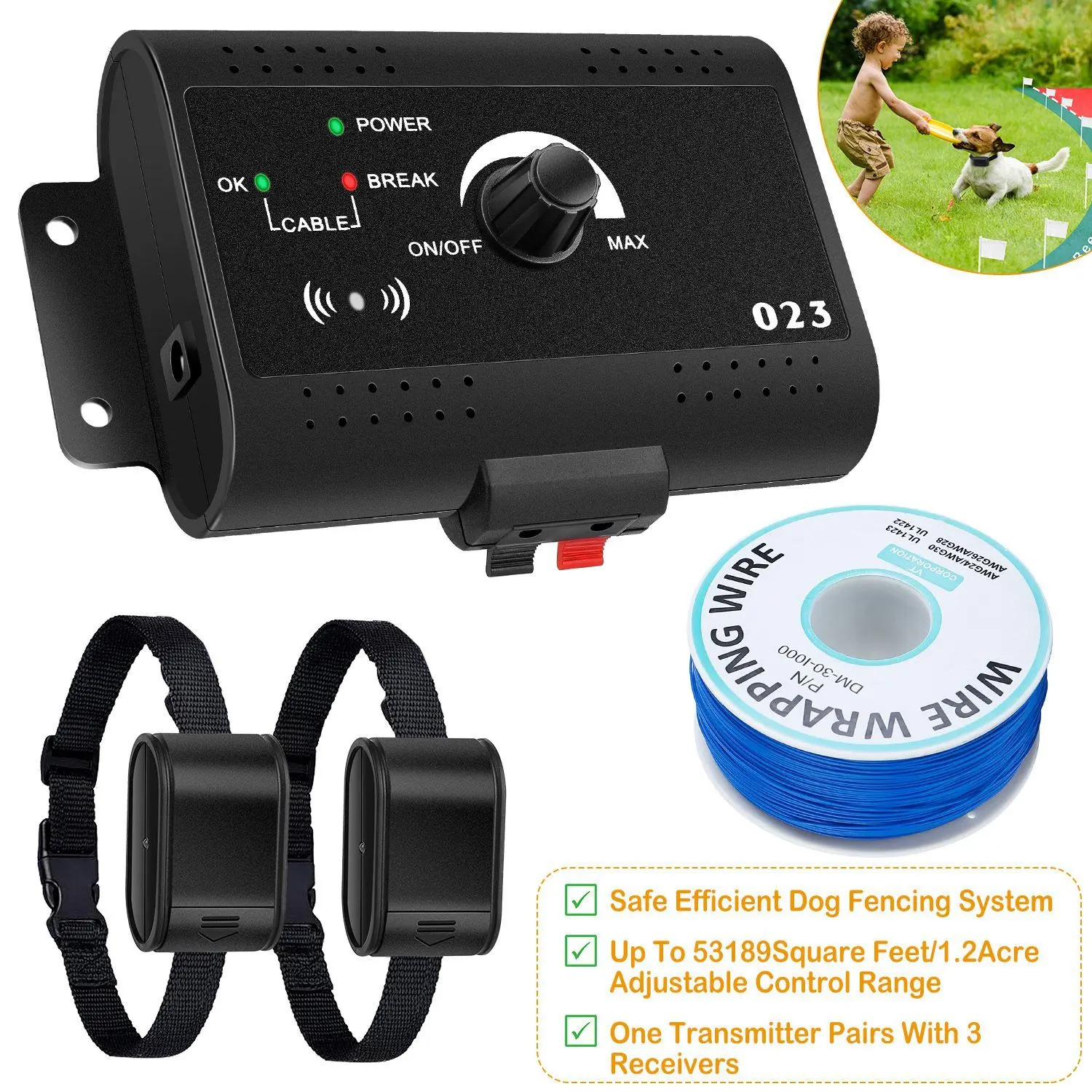 Electric Dog Fence System with Shock Collars, Training Tone, Boundary Control, Water-Resistant Collar Receiver, 100-240V for Small-Medium-Large Dogs, Set Pack, Adjustable Control Range
