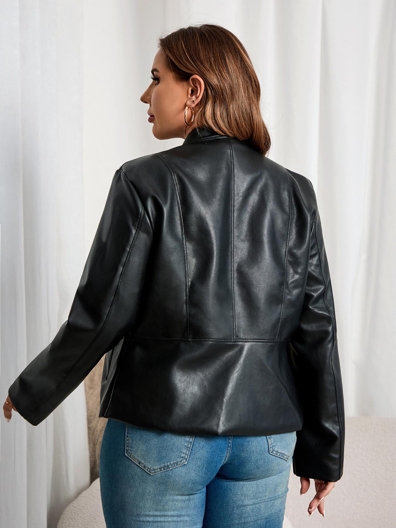 Giolshon Women's Plus Size PU Leather Fitted Biker Jacket - Street Style Womenswear Tops with Zipper Pockets, Fall & Winter Fashion Outerwear, Spring & Fall Wear Fabric Outfits