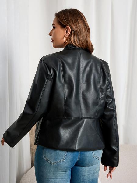Women's Plus Size PU Leather Jacket, Street Style Biker Coat with Zipper Pockets, Fall & Winter Fashion Outerwear