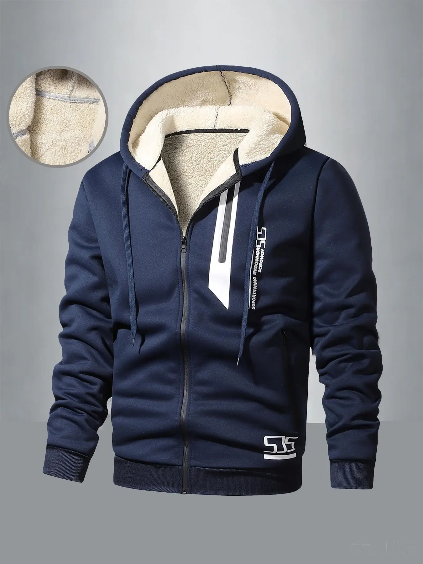 Men's Hooded Sweatshirt Jacket, Winter Thickened Lamb Fleece, Casual Fitted Style, Letter Pattern, Perfect for Cold Weather