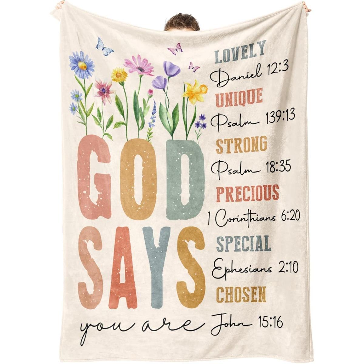 Christian God Says Scripture Floral Blanket | Inspirational Religious Gift | Perfect for Birthday Christmas Baptism Confirmation | Cozy Soft Throw for Mom Sister Friend Her