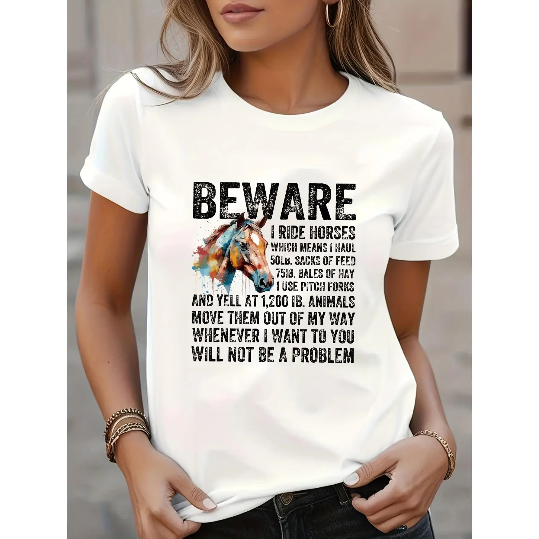 Women's Funny Horse Lover T-Shirt - "Beware I Ride Horses" Slogan & Horse Design, Soft Breathable Blend, Lightweight Crew Neck Short Sleeve Tee Suitable for Casual Wear, Equestrian Apparel for Horseback Riding Enthusiasts