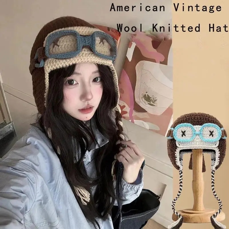 Aesthetic Y2K Steampunk Aviator Hat with Goggles - Trendy Vintage Pilot Beanie Cap for Women, Face-Slimming Multi-Color Winter Headwear, Cozy Thermal Cold Weather Gear, Unique Streetwear Fashion Accessory, Perfect for Cosplay, Outdoor Outfit & Holiday Gif