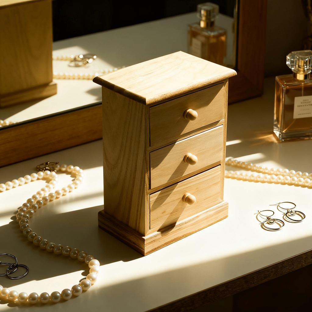 A Wooden Three-Tier Nightstand-Shaped Jewelry Box with Drawers for Organizing Items.It'S a Must-Have for a Vanity, Perfect for Storing Cosmetics And Additions.This Stylish Storage Solution Is Ideal for Housewarming, Christmas, New Year