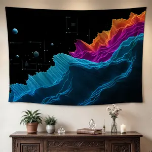 Abstract Neon Cyberpunk Digital Wave Wall Tapestry - Large Horizontal Polyester Artwork, No-Installation Indoor-Outdoor Decor for Living Room, Room Decor Gift for Family and Friends