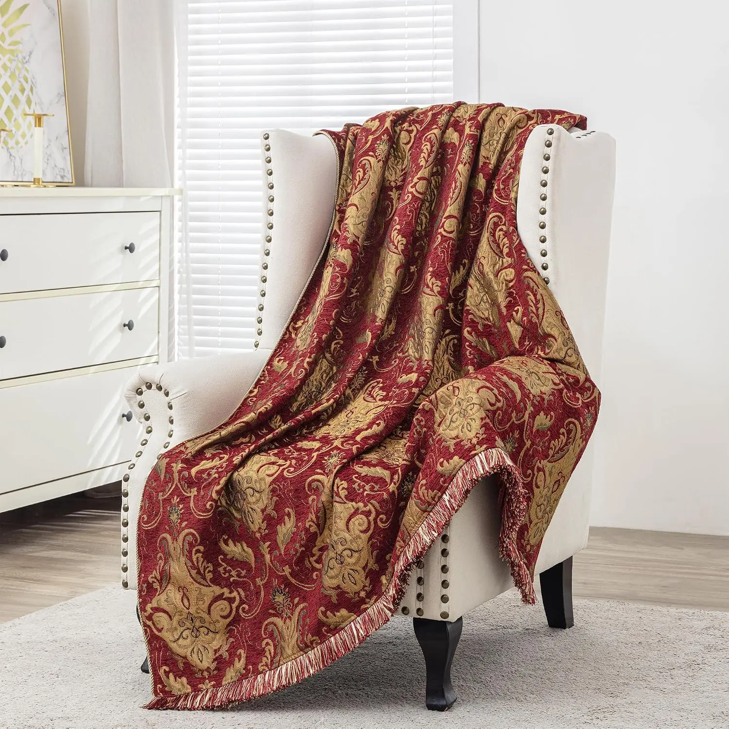 Luxury Throw Blankets for Bed, Classic Damask Jacquard Bed Throws with Fringes Trim, Soft Lightweight  Lined Fall Throw Blanket for Couch Sofa Chair (Red, 52”x72”)