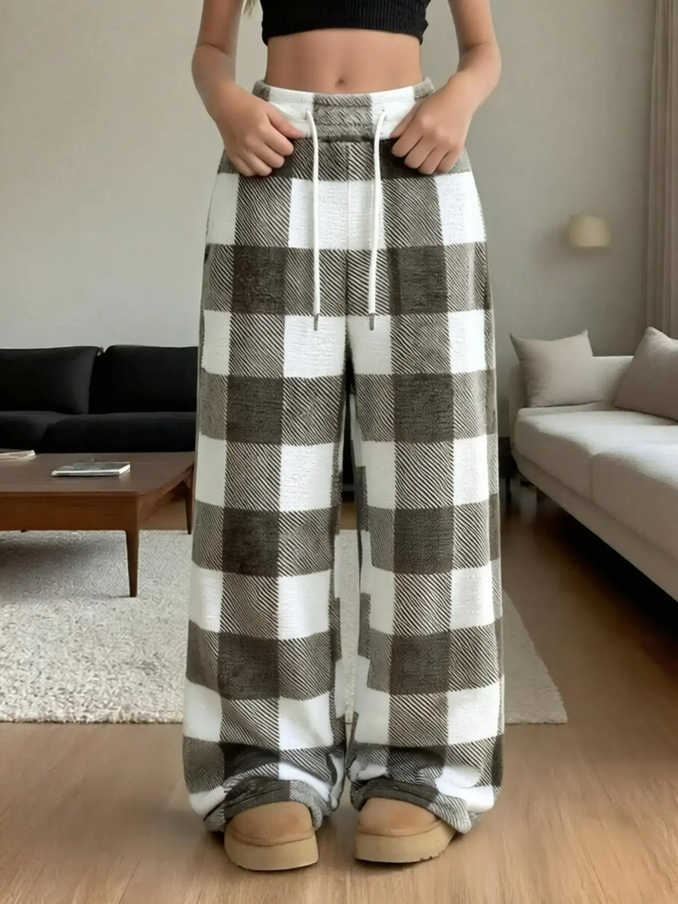 Women's Fall Winter Plaid Wide Leg Sweatpants, Drawstring High Waist Loose Flannel Pants with Pockets, Casual Long Pants for All Seasons