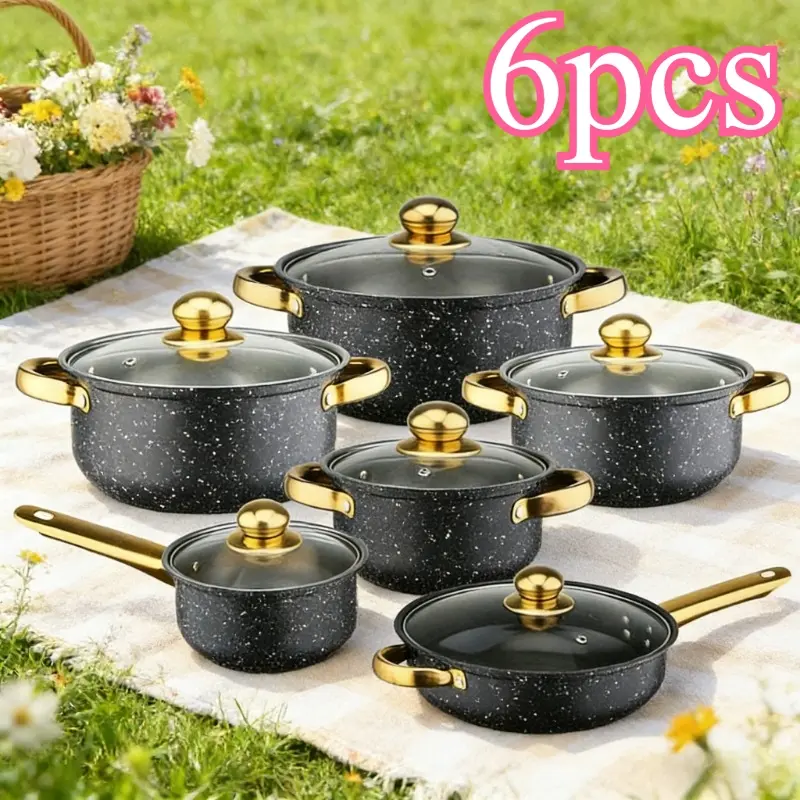 6-Piece non-stick pan set, including milk pan, soup pan and frying pan, stainless steel pan body with heat-resistant lid, suitable for kitchen cooking