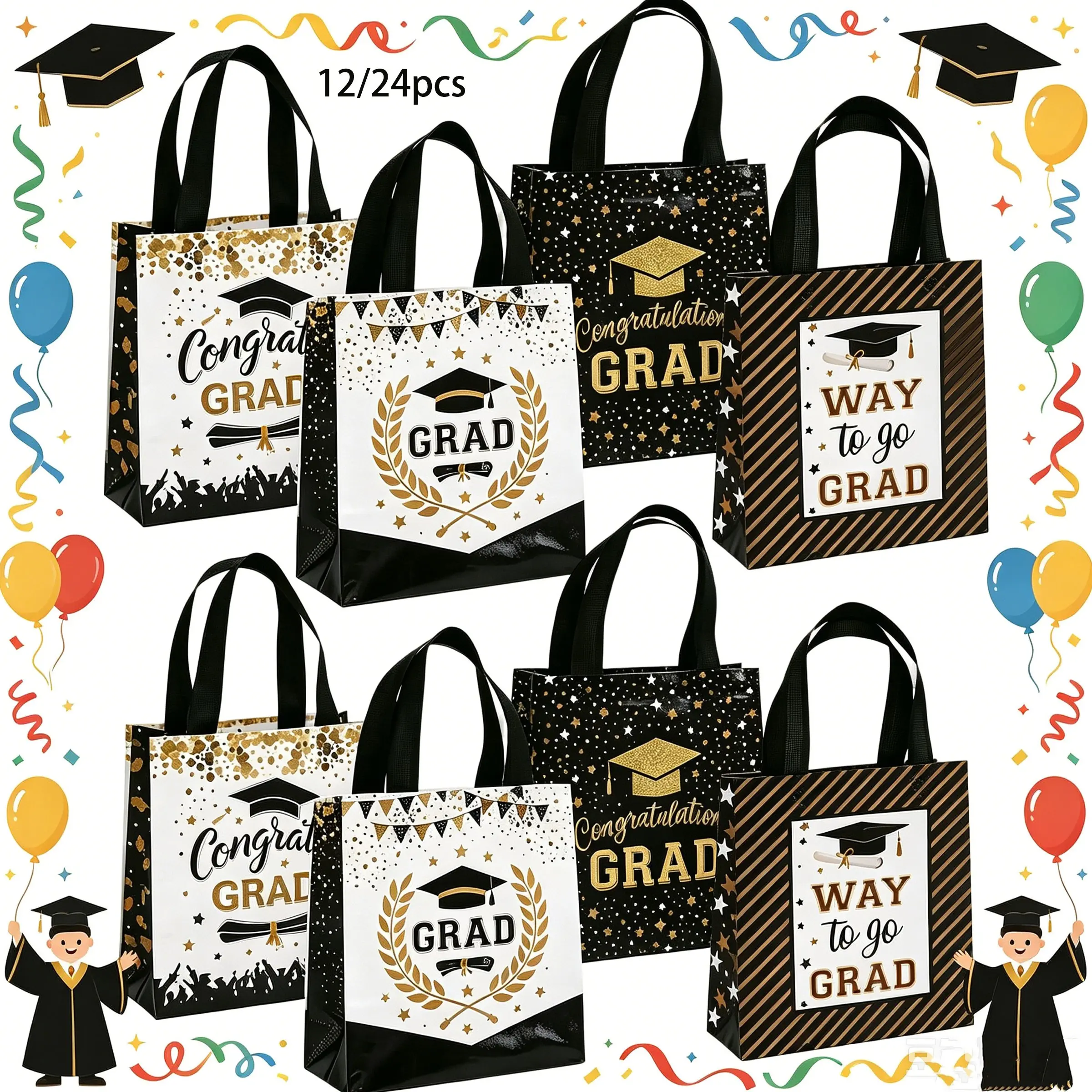 Graduation Gift Bags Set, 12/24 Pcs Grad Party Supplies, Grad Party Favors, Party Favor Packs, Graduation Party Decorations, Non-Woven Fabric Handle Bag, Congratulations Graduate Gifts
