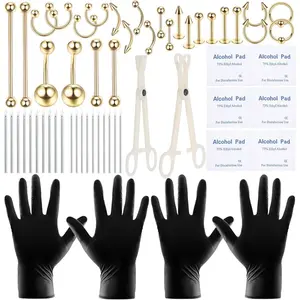 58PCS Body Piercing Kit Surgical Steel 14G 16G BCR CBR Labret Lip Rings Cartilage Daith Earrings Belly Button Rings Nose Septum Piercing Jewelry Needles Gloves Clamps Tools