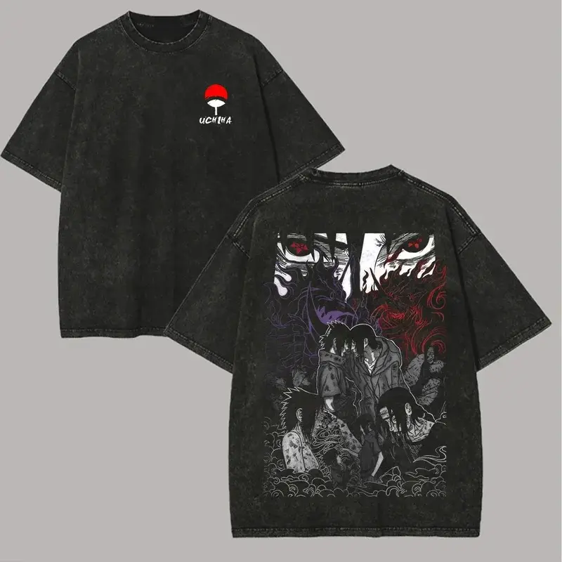 2026 summer Naruto Uchiha Itachi Washed T-shirt Anime Harajuku Streetwear Oversized Cotton Tee Y2K Retro Otaku Casual Tops