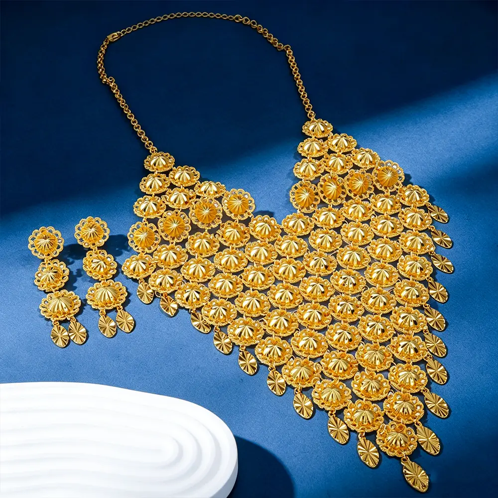 18K Gold-Plated Alloy Large Statement Bib Necklace & Earrings Set - Intricate Floral Filigree Tassel Fringe, Adjustable Chain, Glamorous Jewelry for Bridal, Eid (Arabic Dubai African Style)