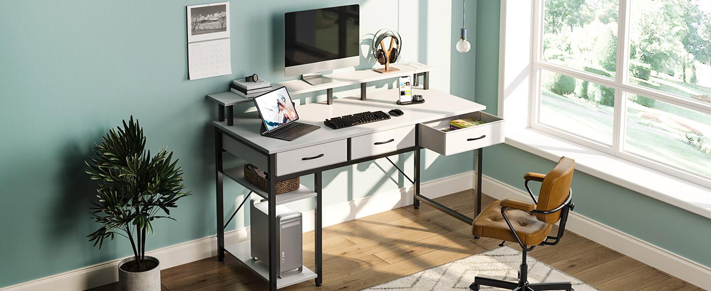 Computer Desk with Power Outlets & LED Light, 47 inch Home Office Desk with Drawers and Storage Shelves, Writing Desk with Monitor Stand, Modern Work Study Desk for Home Office, White