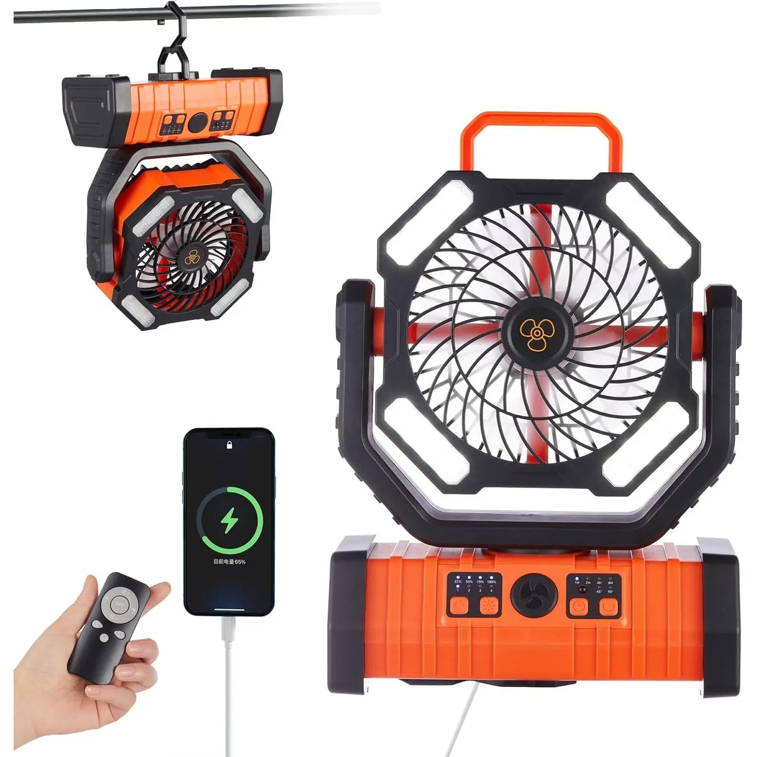 Rechargeable Fan,Operated Camping   Fan with Hook&Bright LED Light,Remote Control Timer Auto Oscillation Cordless Outdoor for Power Outage,Picnic,Barbecue,Jobsite,,Fishing,Travel