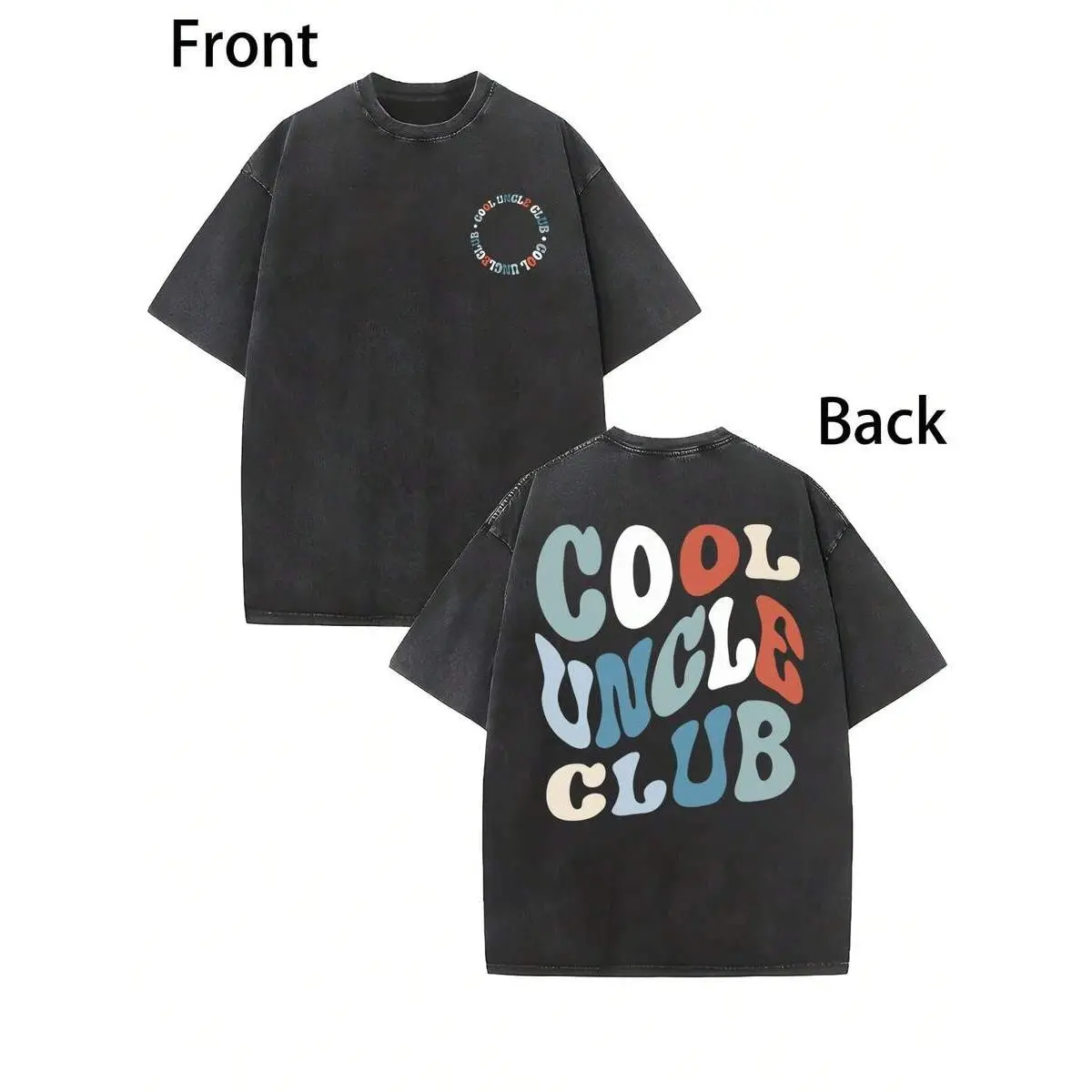 Men's Vintage Washed Black Cool Uncle Club Graphic Streetwear T-Shirt - Retro Bubble Letter Prints, Short Sleeve, Relaxed Fit Crewneck, Suitable for Office & Casual Wear, Gift for Uncle