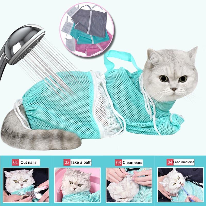 PetBoba Bathing Mesh Bag, Adjustable Breathable Pet Grooming Restraint Bag with Drawstring, Anti-Scratch Anti-Bite Fixed Bag for Nail Trimming, Medicine Feeding & Travel Shower