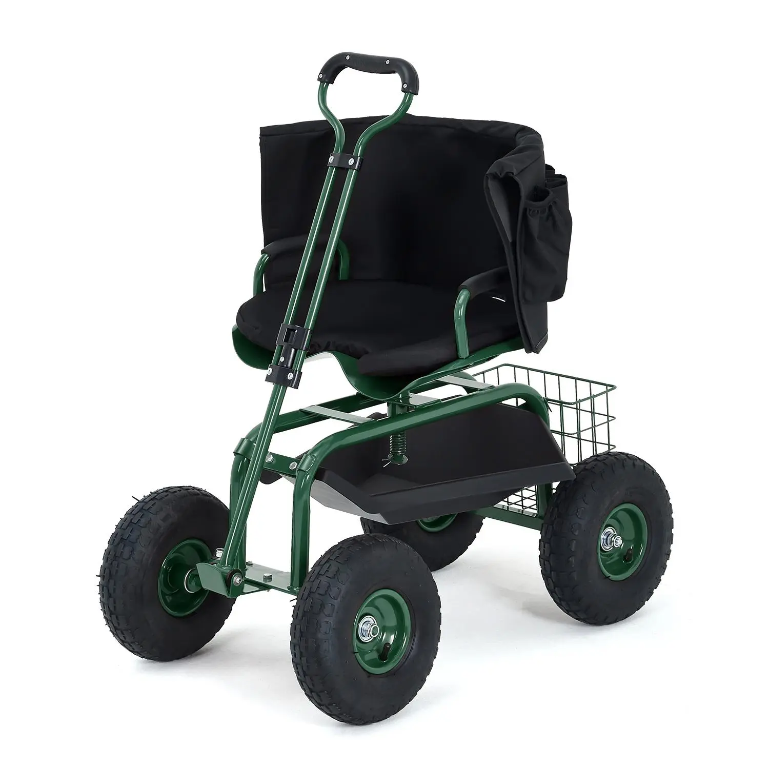 Heavy Duty Rolling Garden Work Seat – 360° Swivel Stool, Extendable Steering Handle, Tool Tray & Storage Basket, 400 lbs Capacity, Steel Frame – Ideal for Patio, Yard & Outdoor Gardening