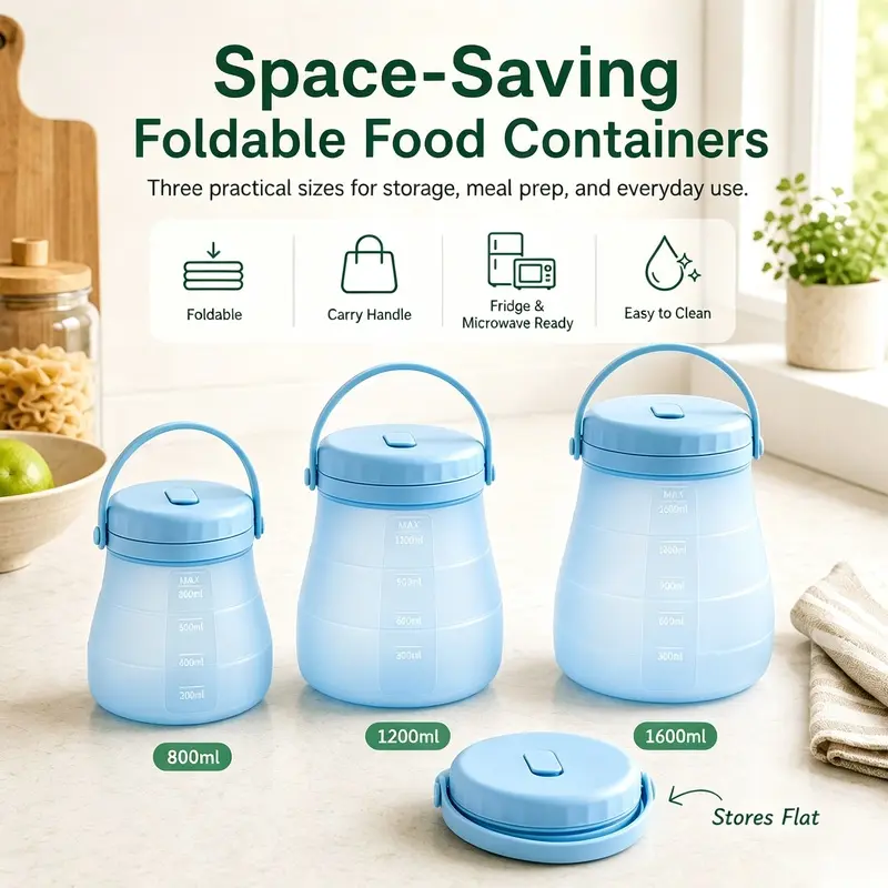 Collapsible Silicone Food Storage Containers, 3 Pack, Airtight Foldable Canisters, Microwave Freezer Dishwasher Safe, Meal Prep Jars