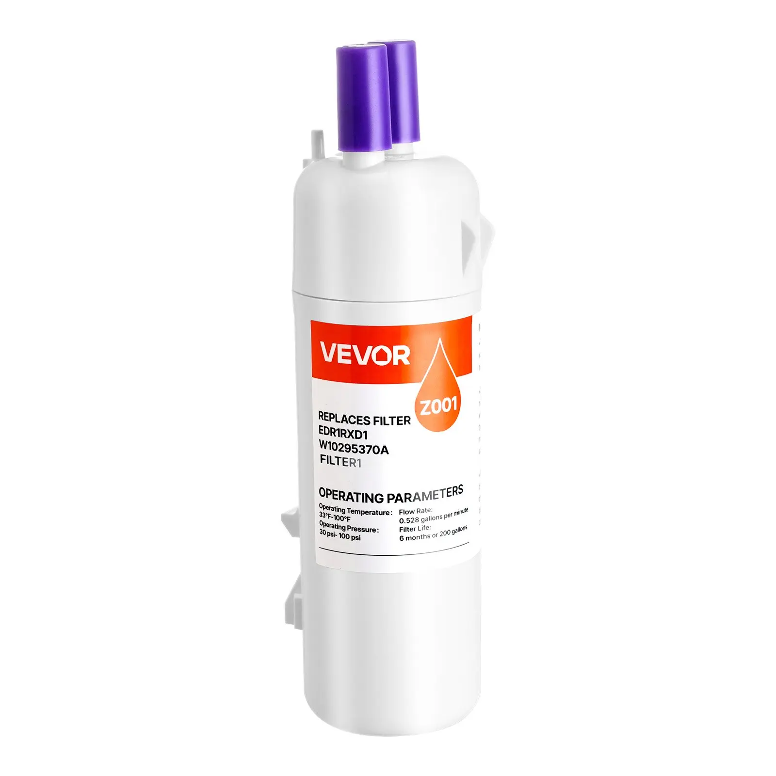 VEVOR Refrigerator Water Filter Replacement, Carbon Block Filtration for Clear Drinking Water, Certified to Reduce Chlorine, Taste Odor, Lead, Sediments, 70+ Contaminants, White, 1 Pack