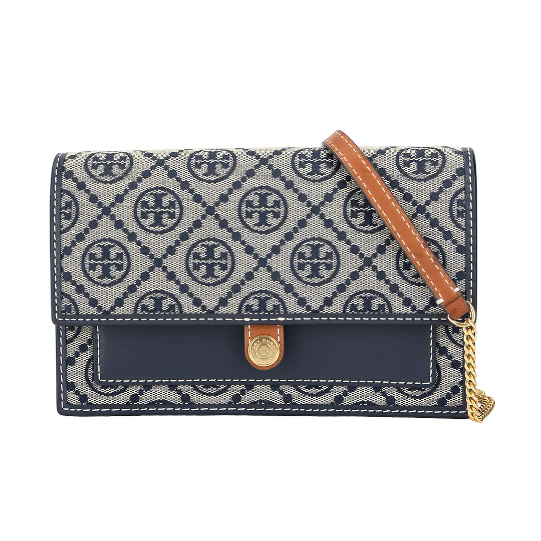 Tory Burch T Monogram Jacquard Crossbody Bag for Women with Magnetic Snap Closure, Leather-Trimmed Chain Strap, Navy Blue