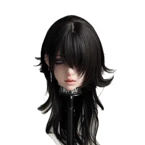 Mullet Wig with Curtain Bangs Long Layered Wolf Cut Straight Synthetic Wig for Halloween Cosplay Natural Looking